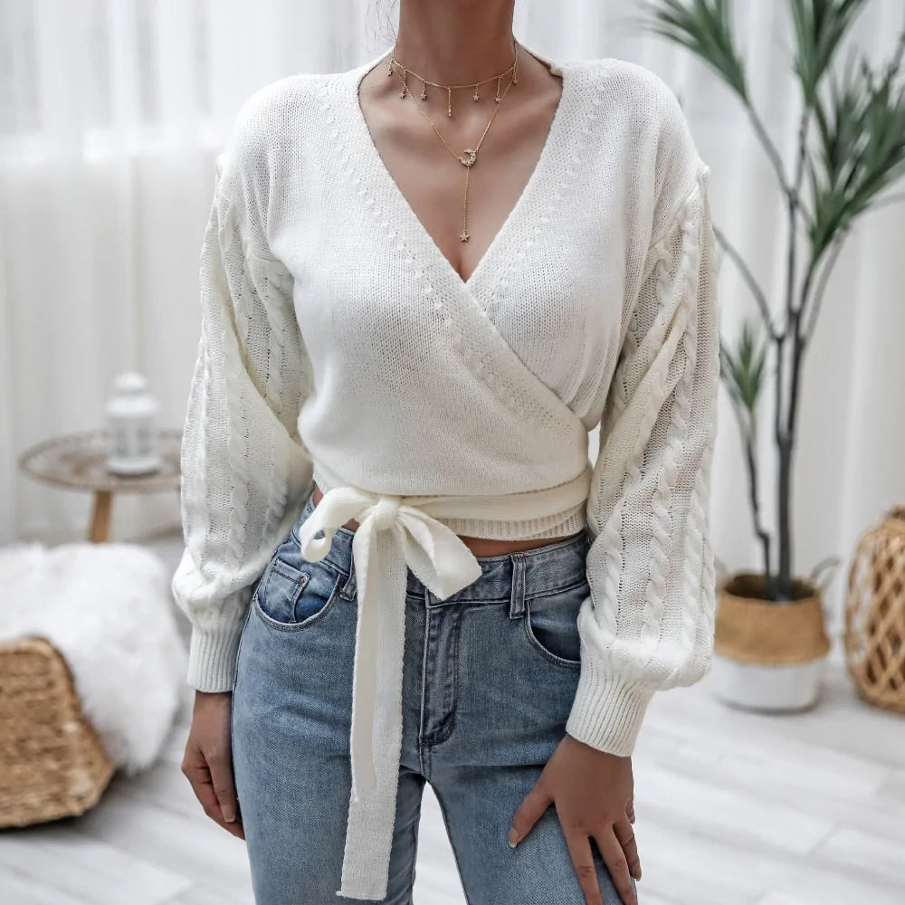 Pull tricoté pour femmes, bandage croisé, col en v