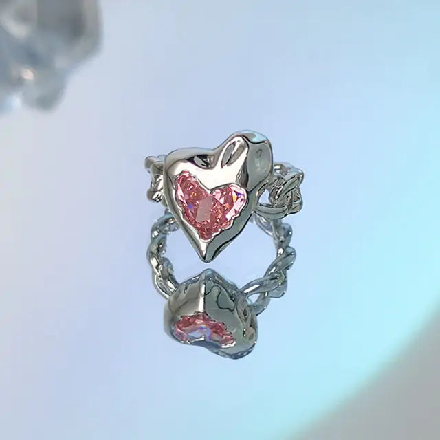 Anello cuore irregolare con cristallo rosa