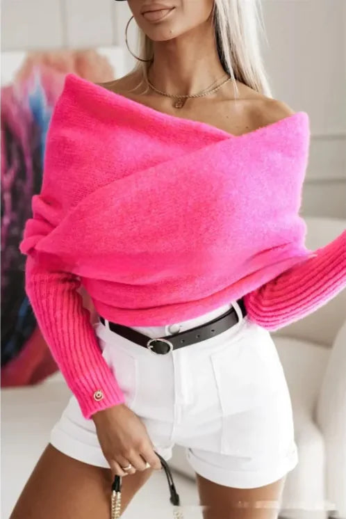 Rosa  - V-Ausschnitt Cross Multi-color Pullover Trend Off The Shoulder